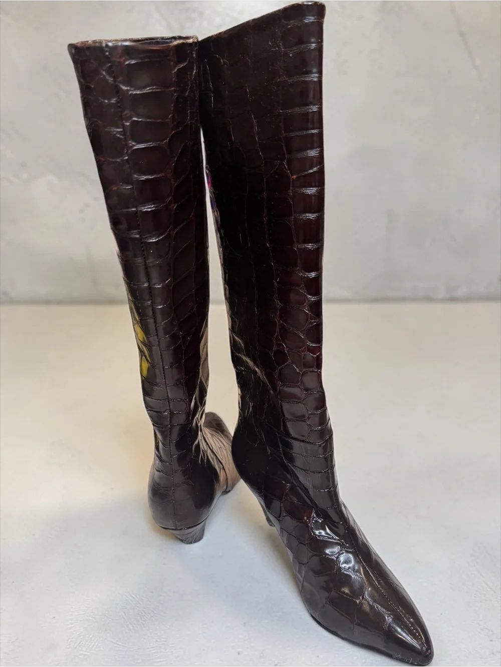 NEW-SAMSØE SAMSØE EU 37 US 6-Tall Croc-Emboss Pointed Toe Boot in Dark Brown